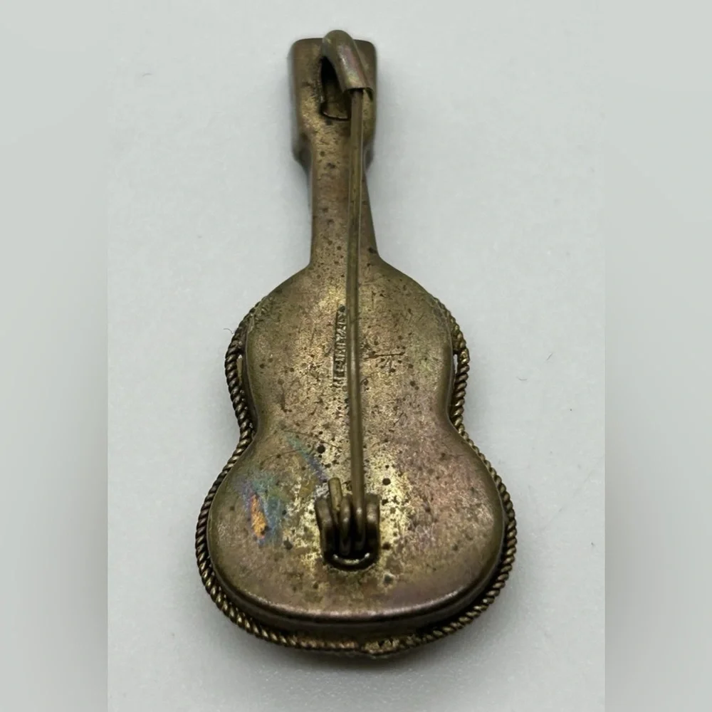Vintage Italian Micro Mosaic Guitar Brooch Pin / Multi Colore - Picture 2 of 3